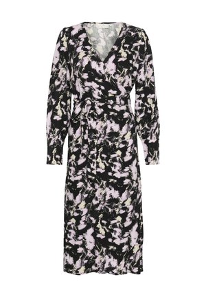 Wrap dress in black with abstract pink and cream patterns, long sleeves, deep V-neck, and a self-tie belt at the waist.
