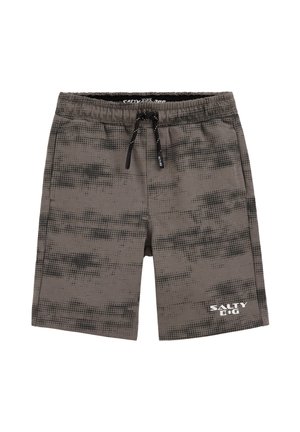 Sivé a čierne šortky so vzorom, so sťahovacou šnúrkou, elastickým pásom a bielym logom "SALTY DOG" na ľavej nohe.