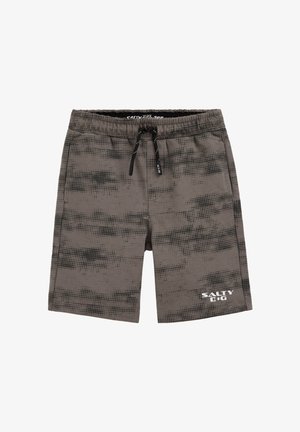 Grau-schwarze, gemusterte Shorts mit Kordelzug, elastischem Bund und weißem "SALTY DOG"-Logo am linken Bein.