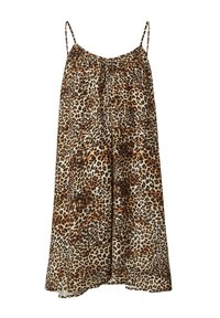 Leopardenmusterkleid mit dünnen Trägern, das ein lockeres, fließendes Design und einen weichen Stoff in Beigetönen, Braun und Schwarz aufweist.