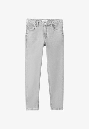 Lichtgrijze slim-fit jeans met knoop- en ritssluiting, voor- en achterzakken en riemlussen, plat liggend op een witte achtergrond.
