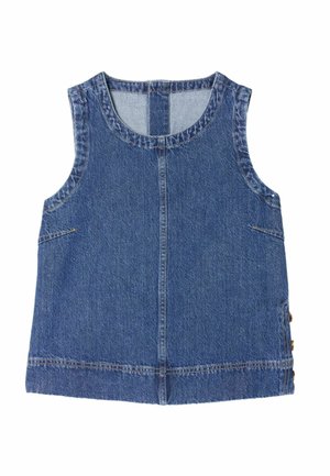 Ujjatlan kék farmermellény kerek nyakkivágással, középen függőleges varrással, oldalzsebekkel és gombos záródással az egyik oldalon.
