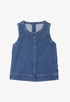Ujjatlan kék farmermellény kerek nyakkivágással, középen függőleges varrással, oldalzsebekkel és gombos záródással az egyik oldalon.
