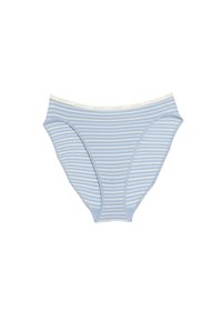 Light blue cotton women's underwear with white horizontal stripes and a white elastic waistband labeled "BODY." Classic brief cut.