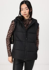 Melnā pūkaina veste ar kapuci, ar priekšējo rāvējslēdzēju un horizontālām šuvēm. Uzvilkta virs brūna leoparda raksta garām piedurknēm krekla.