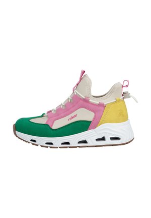 Multicolored sneaker featuring green, pink, beige, and yellow suede panels, a textured sole, and adjustable lacing system.