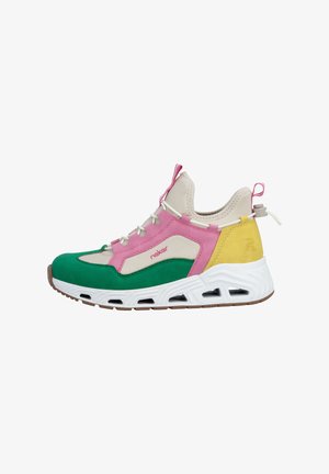 Multicolored sneaker featuring green, pink, beige, and yellow suede panels, a textured sole, and adjustable lacing system.