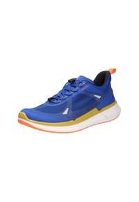 Scarpa sportiva leggera blu con tomaia in rete, dettagli arancioni e suola in gomma. Presenta un sistema di allacciatura rapida e una suola intermedia gialla a contrasto.