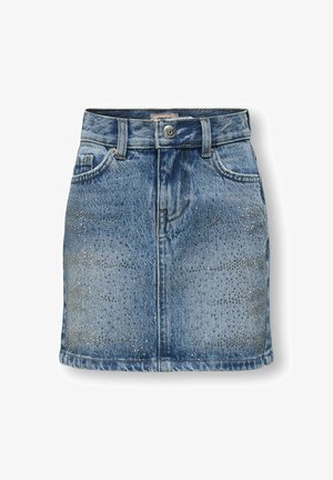 Jasnoniebieska spódnica mini z denimu z lekkim wzorem brokatowym, pięcioma kieszeniami, zapięciem na guzik i postrzępionym dołem.