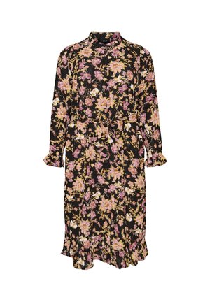 Robe midi noire à manches longues avec imprimé floral rose et jaune, col montant, ceinture à la taille et ourlet et poignets à volants.