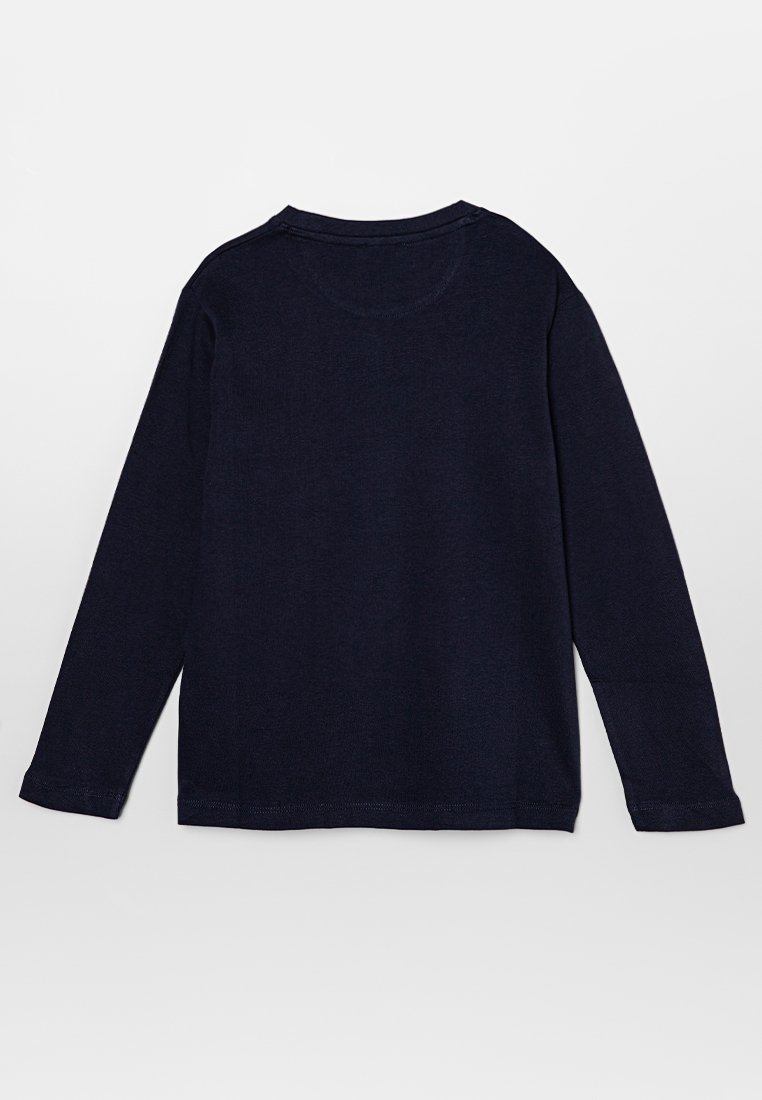 Marineblaues Langarm-T-Shirt mit Rundhalsausschnitt, aus weichem Stoff gefertigt. Verfügt über eine glatte Textur und ein einfaches Design ohne sichtbare Muster oder Akzente.