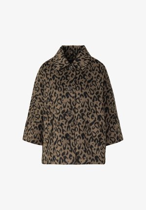 Veste en imprimé léopard beige et noir, dotée d'un col, de six boutons sur le devant et de deux poches latérales avec une texture douce.