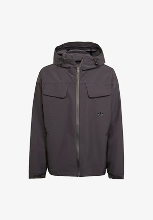 Sivá kapucňová bunda vyrobená z hladkého, vodeodolného materiálu. Obsahuje dve náprsné vrecká, bočné zipsové vrecká a vyšívané logo.