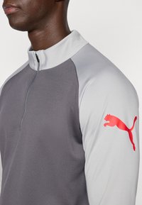 Γκρι αθλητικό μπουφάν με φερμουάρ, με γκρι μανίκια και κόκκινο λογότυπο Puma στον αριστερό βραχίονα. Η υφή φαίνεται λεία και ελαφριά.