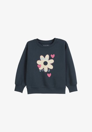Marineblaue Sweatshirt aus weichem Material, mit einem großen Blumenmotiv, das ein schwarzes Zentrum und pinke Herzen zeigt. Rippbündchen an den Ärmeln und am Saum.