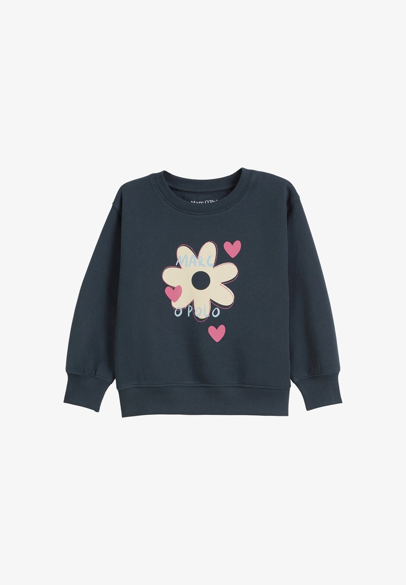 Sweat-shirt bleu marine fabriqué en tissu doux, avec un grand motif de fleur au centre noir et cœurs roses. Poignets et ourlet côtelés.