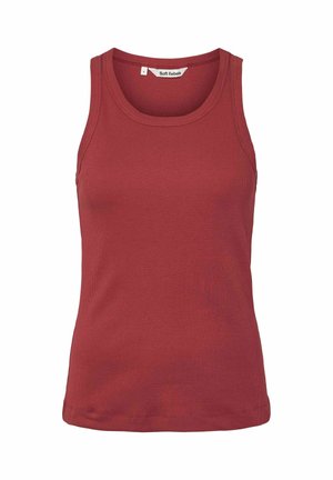 Camiseta sin mangas acanalada de color óxido con cuello redondo, con la etiqueta "Soft Rebels" en el interior del cuello.