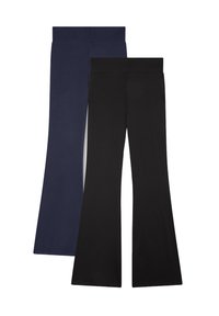 Dwie pary spodni rozszerzanych, jedna w kolorze granatowym, a druga czarna, wykonane z miękkiego, elastycznego materiału z szerokim pasem.