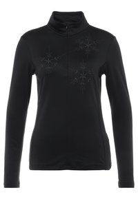 Maglietta nera a maniche lunghe con colletto alto, decorata da un motivo di fiocchi di neve in una texture sottile e lucida sulla parte anteriore. Design morbido e aderente.