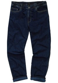 Pantalones jogger de denim azul oscuro con una cintura elástica, cordón de tejido y puños enrollados con un forro de cuadros en el interior.