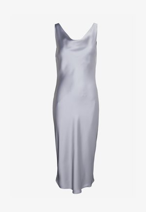 Sleeveless silver satin midi dress with a scoop neckline and a smooth, flowing fit.