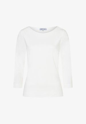 Witte lange mouw T-shirt met een ronde halslijn. Gemaakt van zachte stof, heeft het een aangesloten pasvorm en subtiele stikseldetails.