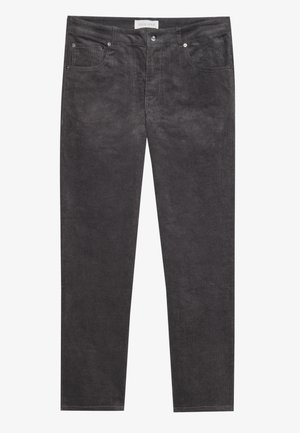 Corduroy pants in dark gray with noticeable texture, featuring five pockets, a zip fly, and metal hardware accents. Straight-leg design.
