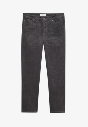 Pantaloni in velluto a coste di colore grigio scuro con una textura evidente, dotati di cinque tasche, apertura con cerniera e dettagli in metallo. Design a gamba dritta.