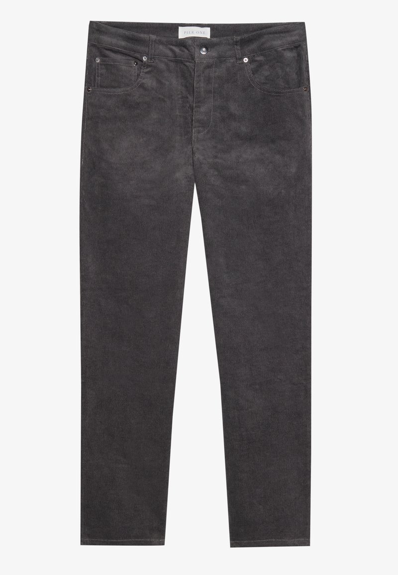 Pantalones de pana en gris oscuro con textura notable, que cuentan con cinco bolsillos, cremallera y detalles de metal. Diseño de pierna recta.