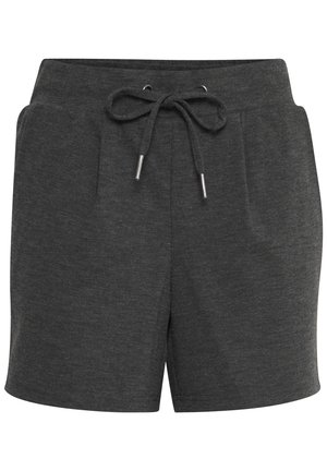 Shorts gris foncé en tissu texturé, dotés d'une taille élastique avec cordon de serrage et de deux poches avant.