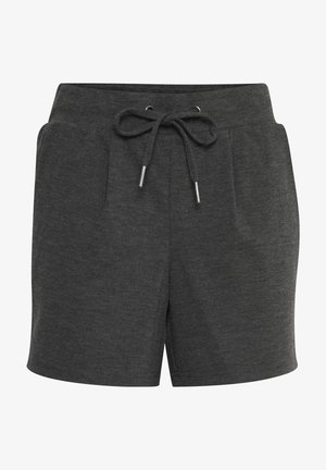 Pantaloni corti grigio scuro realizzati in tessuto strutturato, dotati di una vita elastica con cordoncino e due tasche anteriori.