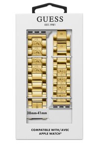 Złote metalowe paski do zegarków w pudełku, przeznaczone do zegarków Apple o rozmiarze 38mm-41mm, charakteryzują się wygrawerowanymi wzorami i błyszczącym wykończeniem.