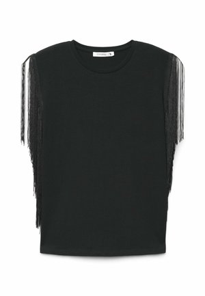 Top nero a maniche corte con scollo rotondo e dettagli con lunghe frange lungo entrambe le maniche, taglia small di Terranova.