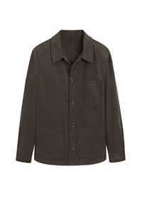 Donkerbruine jas van gestructureerde stof, met een kraag, voorzakken en vijf knopen in het midden.