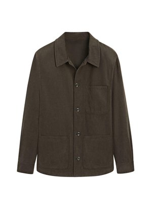 Giacca di colore marrone scuro realizzata in tessuto texturizzato, con collo, tasche frontali e cinque bottoni centrali.