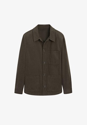 Giacca di colore marrone scuro realizzata in tessuto texturizzato, con collo, tasche frontali e cinque bottoni centrali.