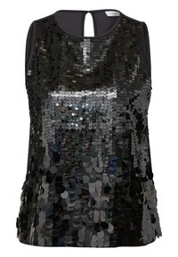 Haut noir sans manches recouvert de grands sequins noirs brillants, avec un col rond et une petite ouverture en forme de trou de serrure au dos.