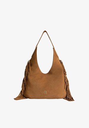 Borsa a tracolla in camoscio marrone con dettagli a frange laterali e un logo semplice vicino al centro inferiore, con una tracolla singola.