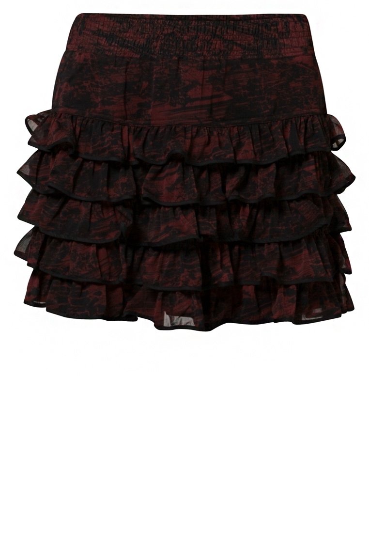 Rynkad kort kjol i mörkröd och svart tyg med lager av volanger, elastisk midja och en lätt känsla.