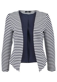 Randig kavaj i stretchtyg. Har marinblå och vita vertikala ränder, öppen framside-design och långa ärmar med åtsittande manschetter.