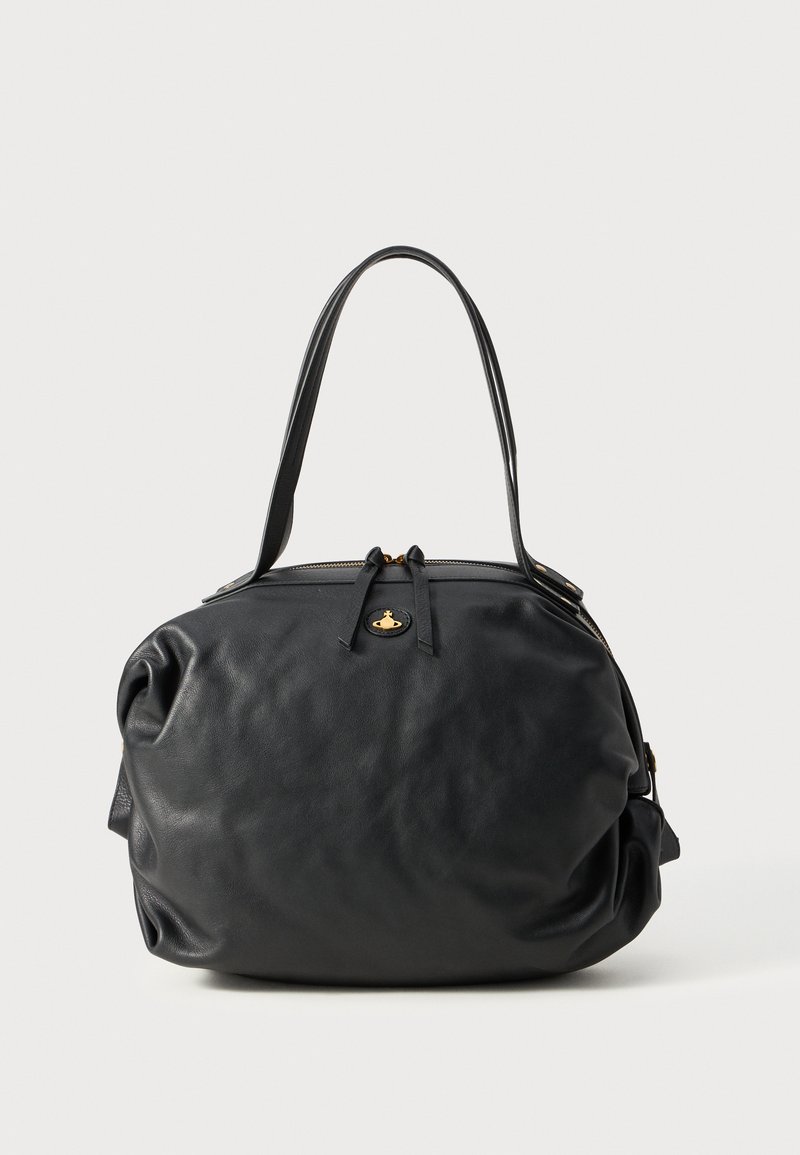 Black leather handbag with a rounded shape, two long handles, top zip closure, and gold hardware accents. Soft texture with subtle folds.