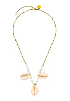 Gold chain necklace with three cream-colored cowrie shells and small white beads along the lower half of the chain.