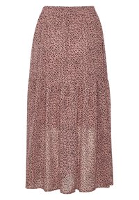 Falda maxi rosa con un diseño en capas, hecha de una tela ligera con estampado de leopardo negro. Cintura elástica para un ajuste cómodo.