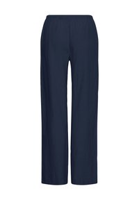 Marineblå bukser med lige ben og elastisk taljebånd, vist fladt mod en hvid baggrund.