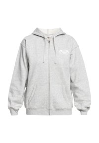 Sweat à capuche zippé gris clair avec poches avant, capuche à cordon de serrage, et petit logo blanc sur la poitrine gauche.