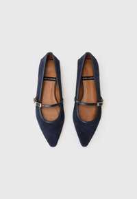 Ballerine in suede blu navy con punta affusolata, bordature in pelle e una fibbia rettangolare su un cinturino che attraversa il collo del piede.