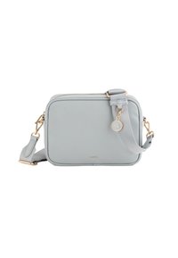 Grå syntetisk crossbody taske med guldfarvet hardware, lynlås lukning og justerbar rem. Har en struktureret overflade og charms detail.