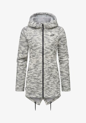 Hall hall ja valge triibuline fliisjakke kapuutsiga, tõmblukuga ees, küljekottide ja kõrge-maha hemiga. Omab alt reguleeritavaid nööre.