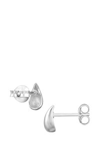 Orecchini in metallo argento a forma di goccia e mezzaluna, con superfici lucide e chiusure a farfallina sicure, che riflettono la luce.