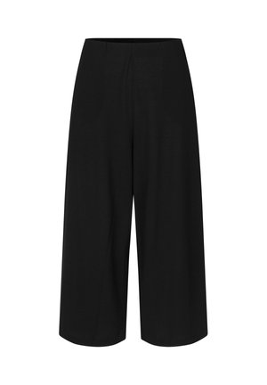 Czarne spodnie o szerokich nogawkach, skrócone, z wysokim stanem i przeszyciem z przodu, zaprojektowane dla luźnego, wygodnego dopasowania.